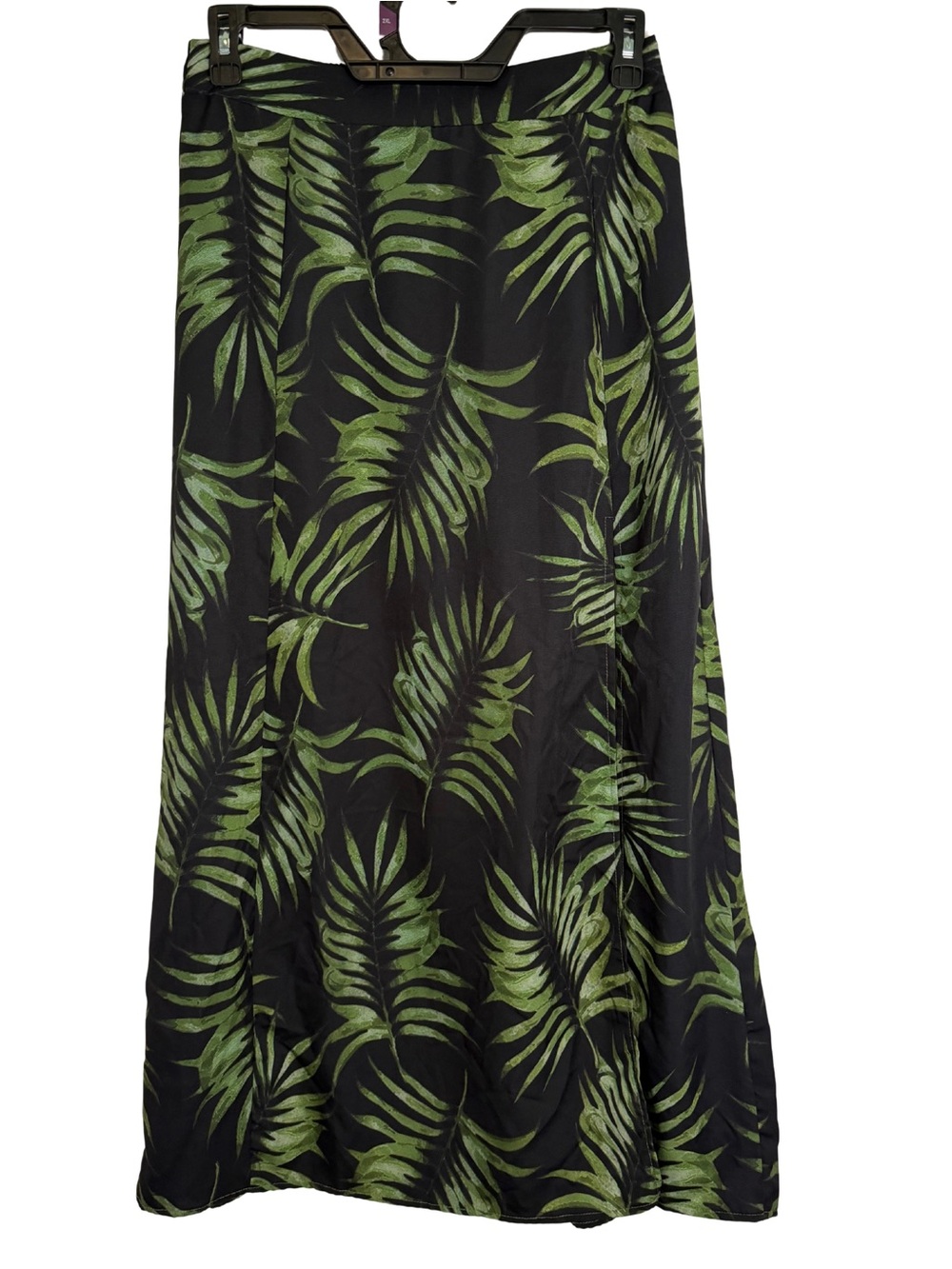 3/$20 Black Maxi Skirt with Green Palm Leaf Print & High Slit Size XL